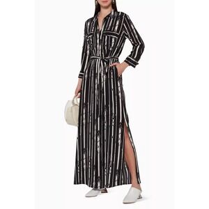 L'AGENCE cameron Silk Maxi Shirt Dress Black White Equestrian Belt Print Large
